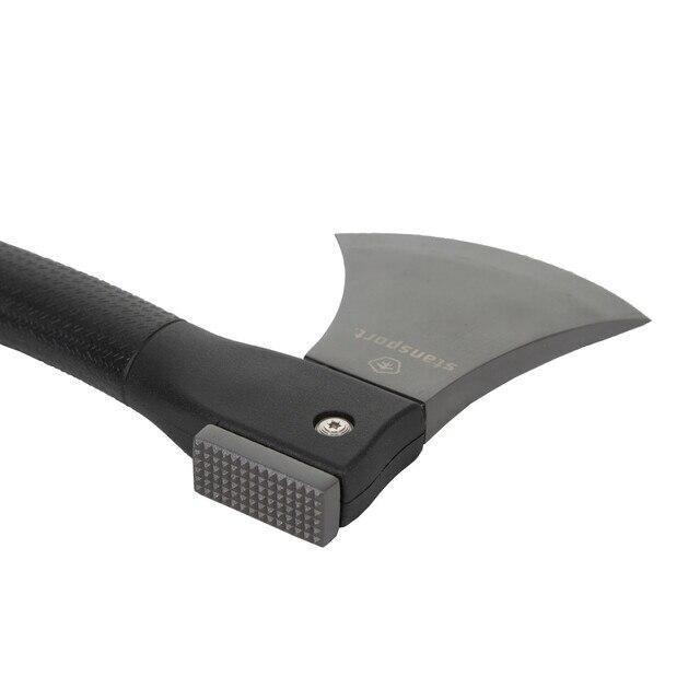 Stansport survival hatchet with black fiberglass handle and textured hammer head
