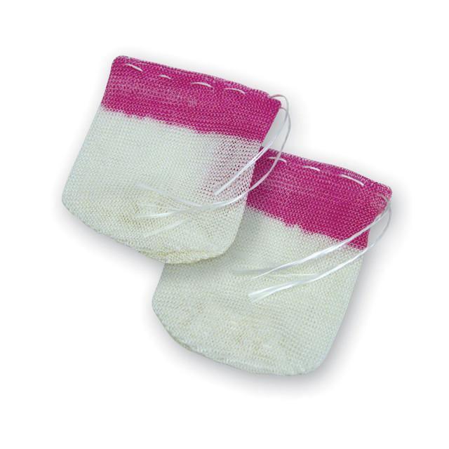 Two tie-on rayon lantern mantles with pink tops and white bottoms on a white background