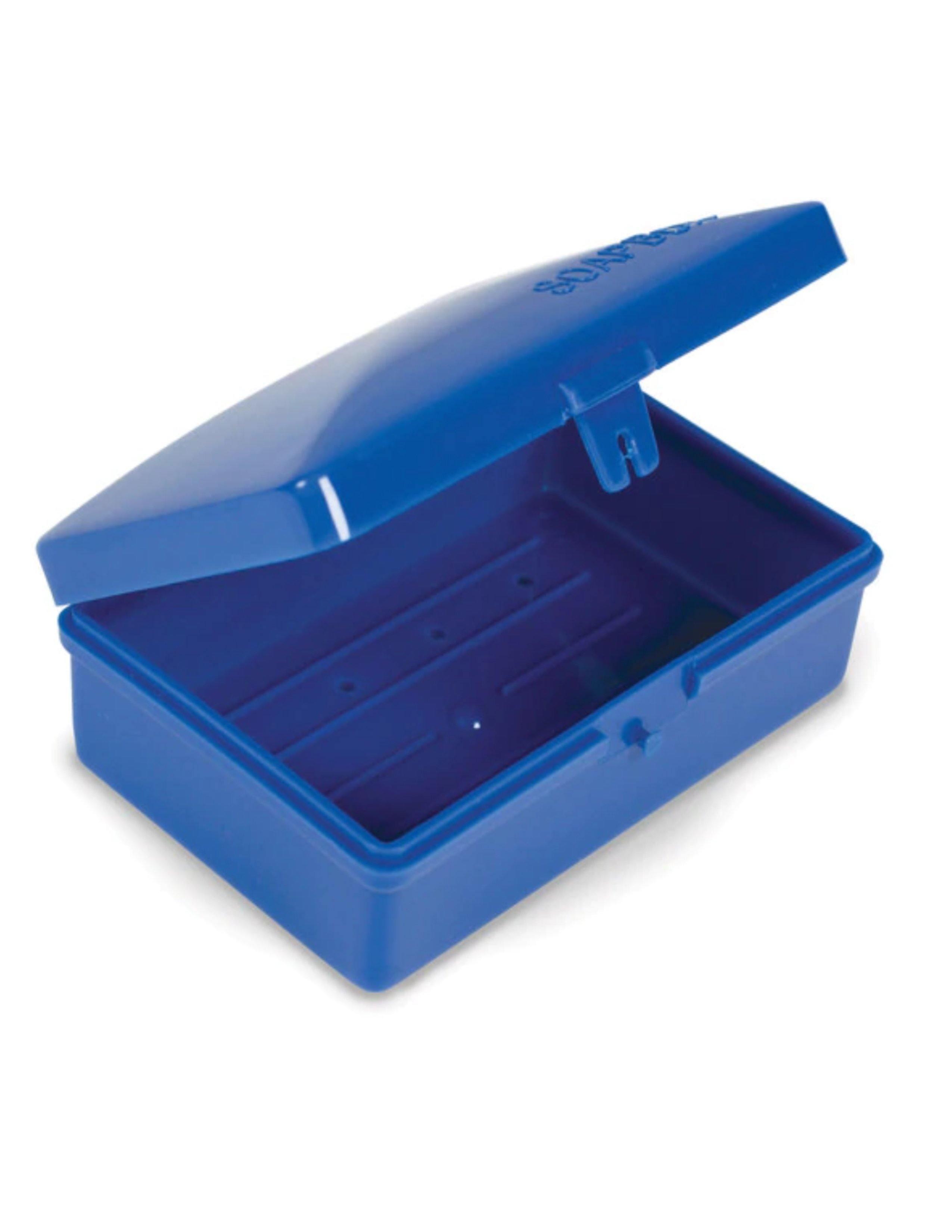 Blue plastic travel soap dish with vented lid, open and empty on white background