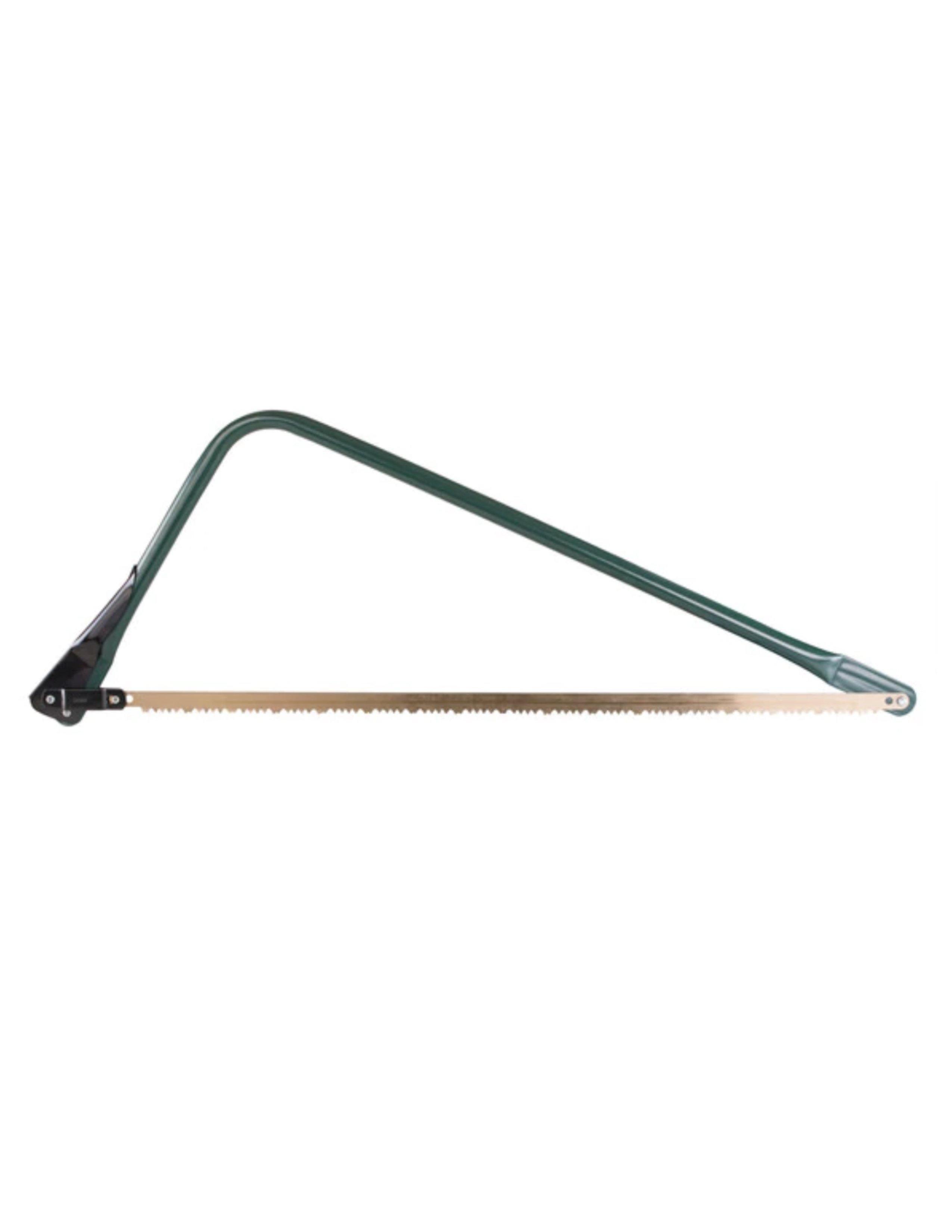 Stansport utility steel bow saw with green metal frame and serrated blade on white background