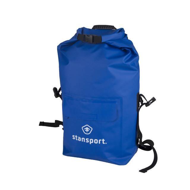Blue Stansport waterproof dry bag 30L with black straps and front pocket