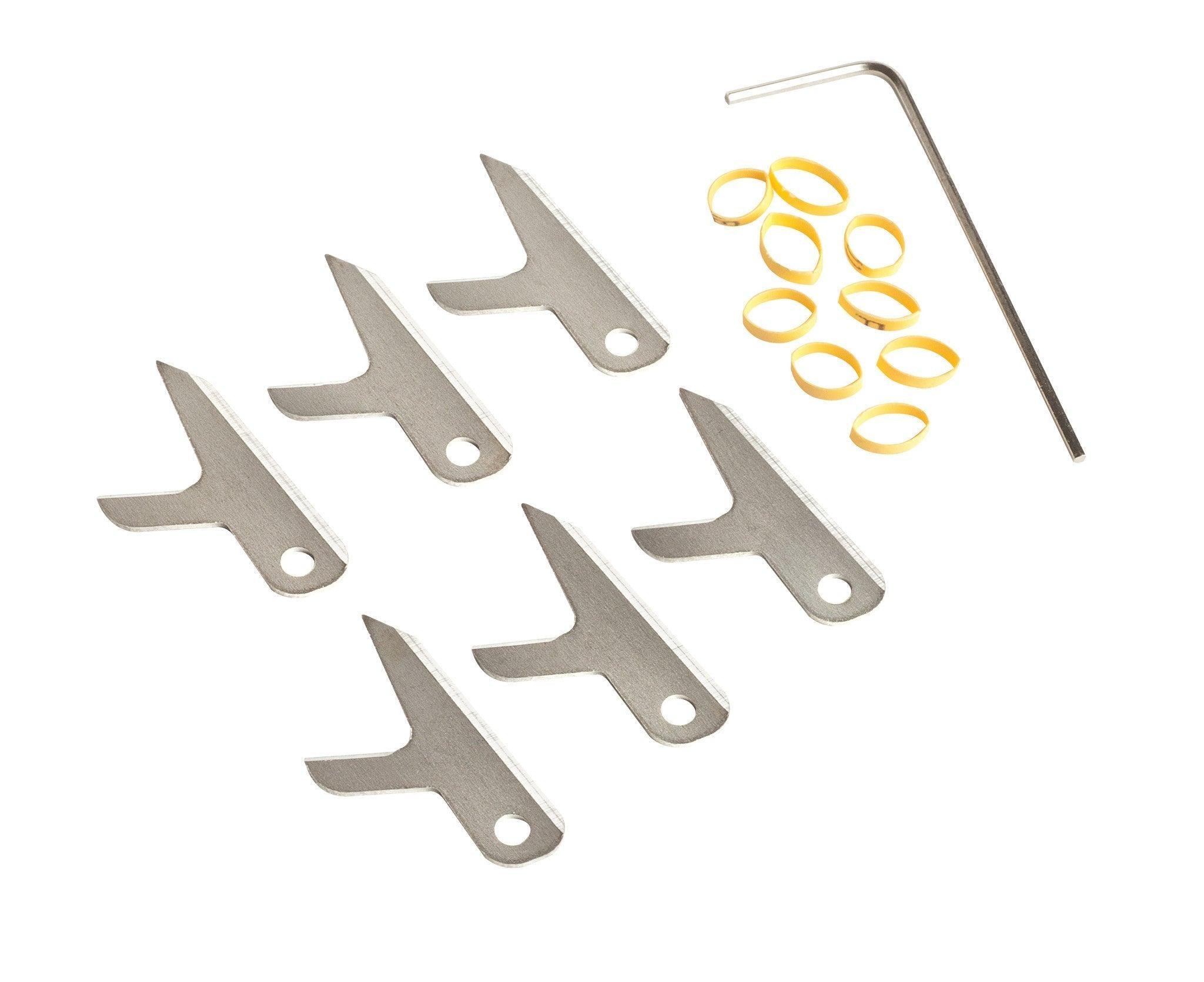 Swhacker archery replacement blades 6-pack with yellow bands and hex key on white background