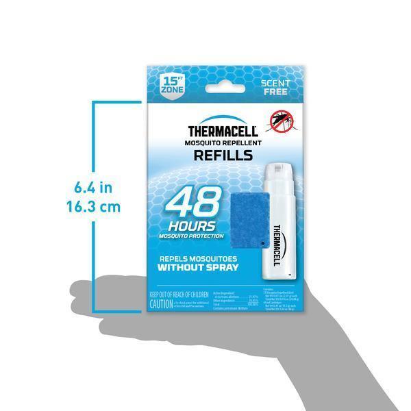 Thermacell mosquito repellent refills package, 48 hour protection, shown in a hand