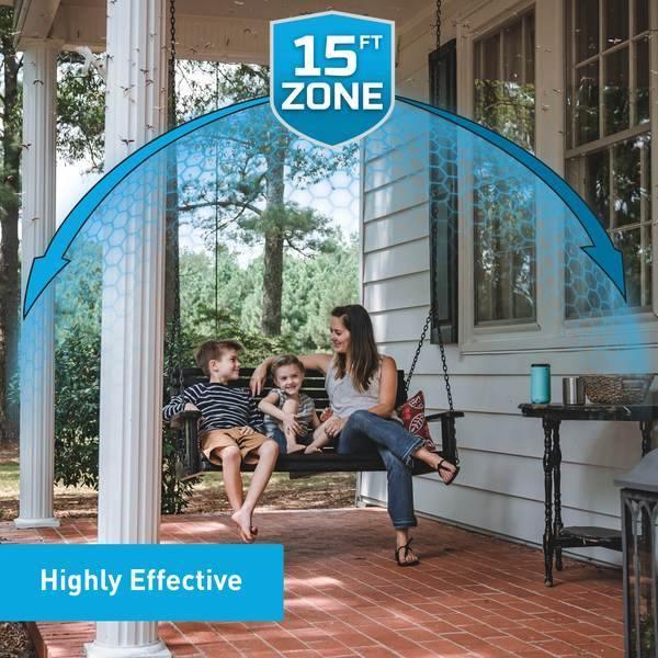 Thermacell patio mosquito repeller on porch with family, 15ft protection zone, highly effective