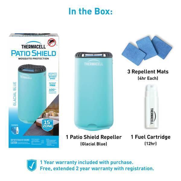 Thermacell Patio Shield Mosquito Repeller Glacial Blue with box, 3 repellent mats, and fuel cartridge