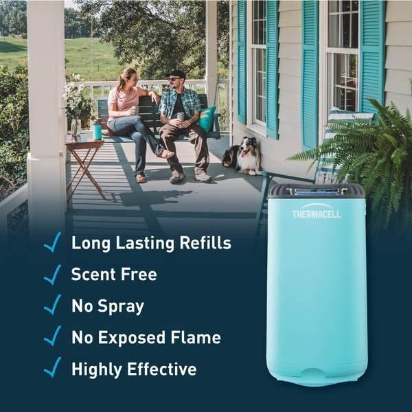Thermacell Patio Shield mosquito repeller on porch with couple, dog, and product benefits listed.