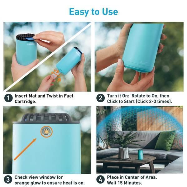 Thermacell patio shield mosquito repeller in turquoise with usage instructions and outdoor setting