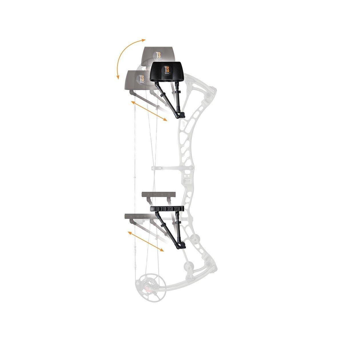 TightSpot Archery Pivot 2.5 arrow quiver mounted on compound bow showing adjustable positions