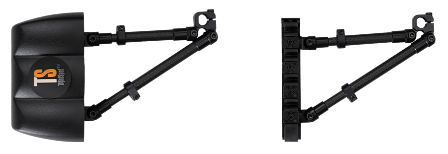 TightSpot Archery Pivot 2.5 arrow quiver black carbon arms, side and top view