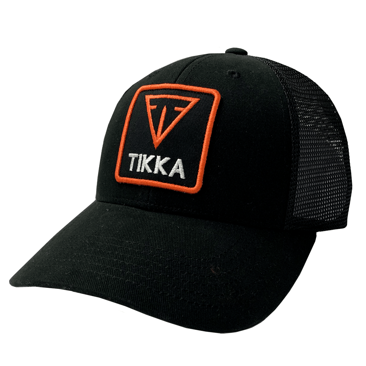 Black Tikka trucker hat with orange logo patch and mesh back