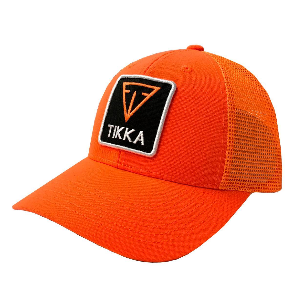 Blaze orange Tikka trucker hat with mesh back and black Tikka logo patch on front.
