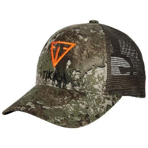 Tikka trucker hat TrueTimber Strata camo pattern with mesh back and orange logo