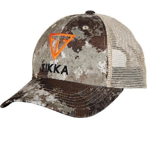 Tikka trucker hat with camo front, mesh back, orange logo, and black embroidered text