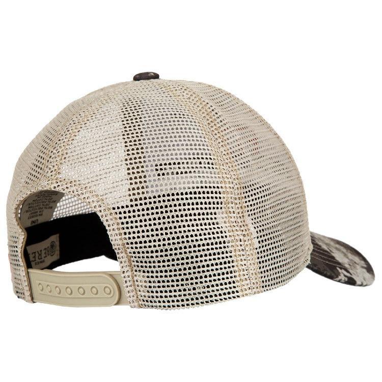 Back view of beige mesh trucker hat with adjustable snapback and camo bill