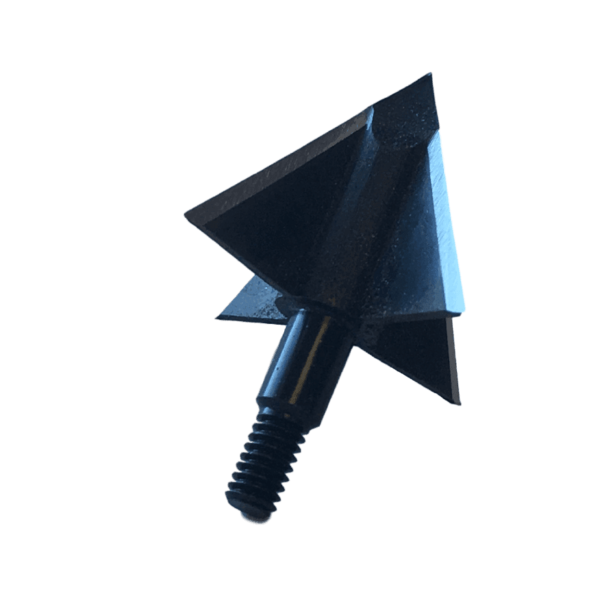 Black 4-blade fixed broadhead arrow tip with threaded base on plain background