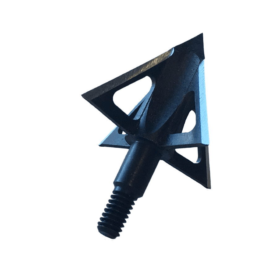 Four-blade fixed broadhead arrow tip with black finish on plain background