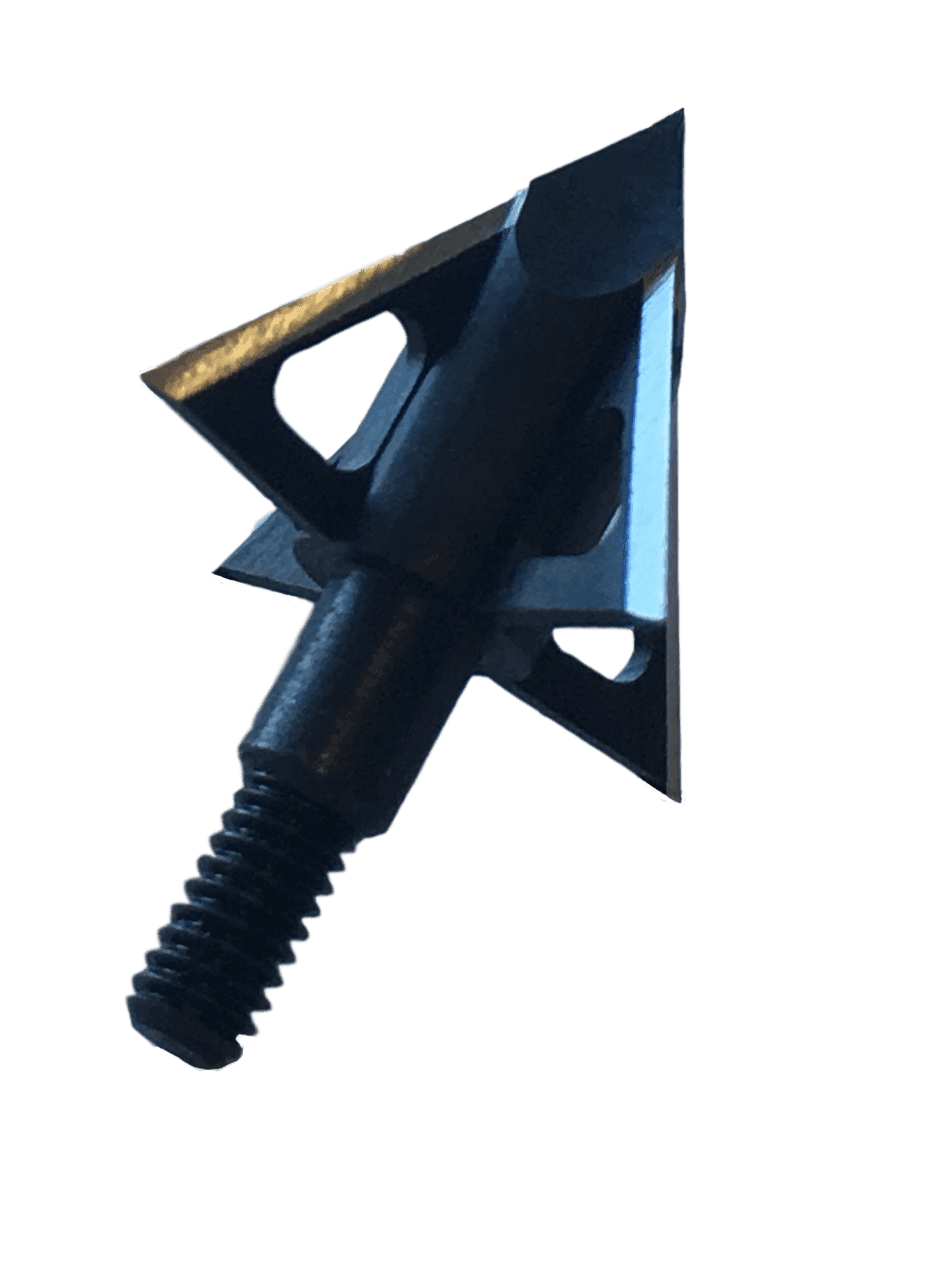 Black four-blade broadhead arrow tip with screw-in base for archery hunting