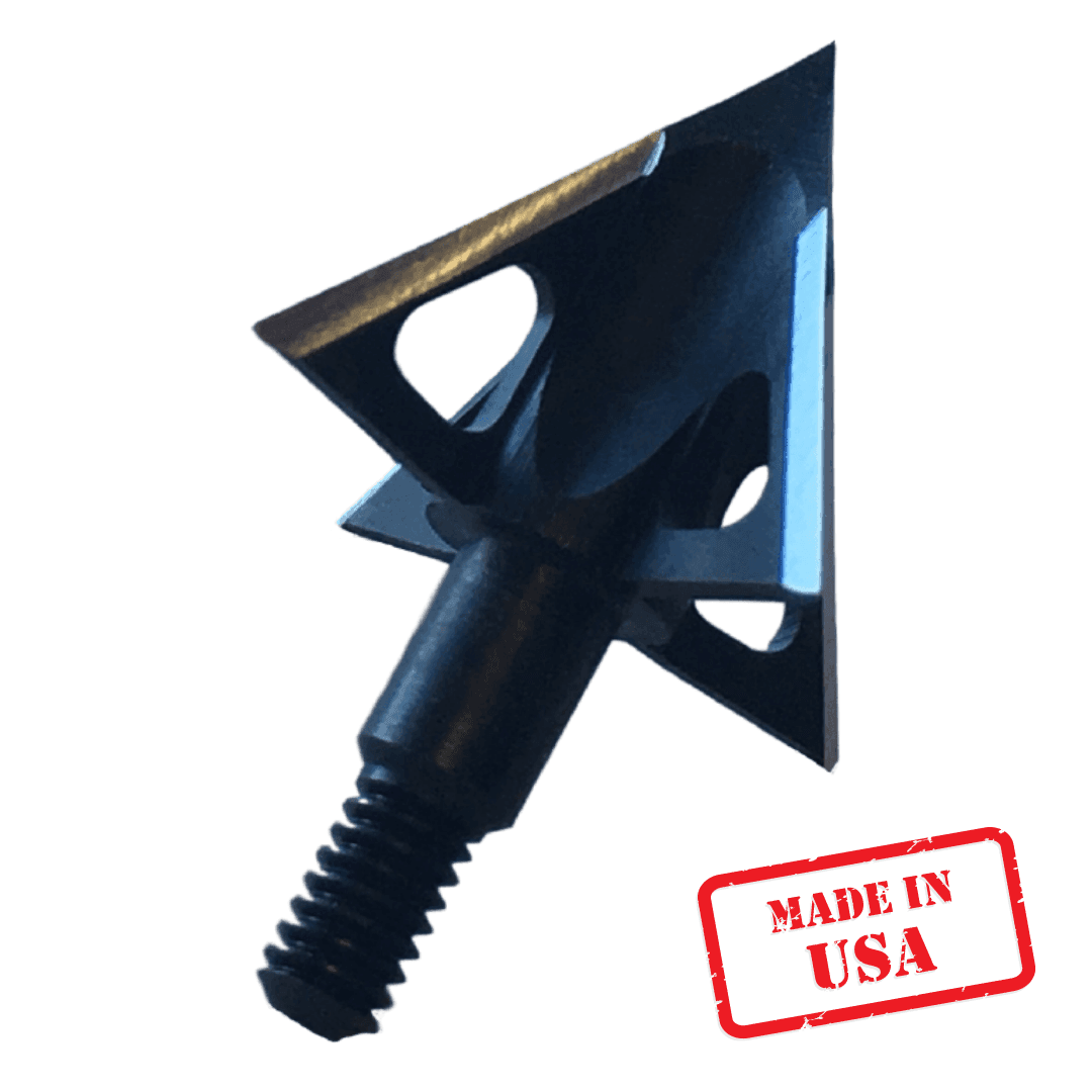 Tooth of the Arrow V-Series 4-blade broadhead black steel with Made in USA stamp