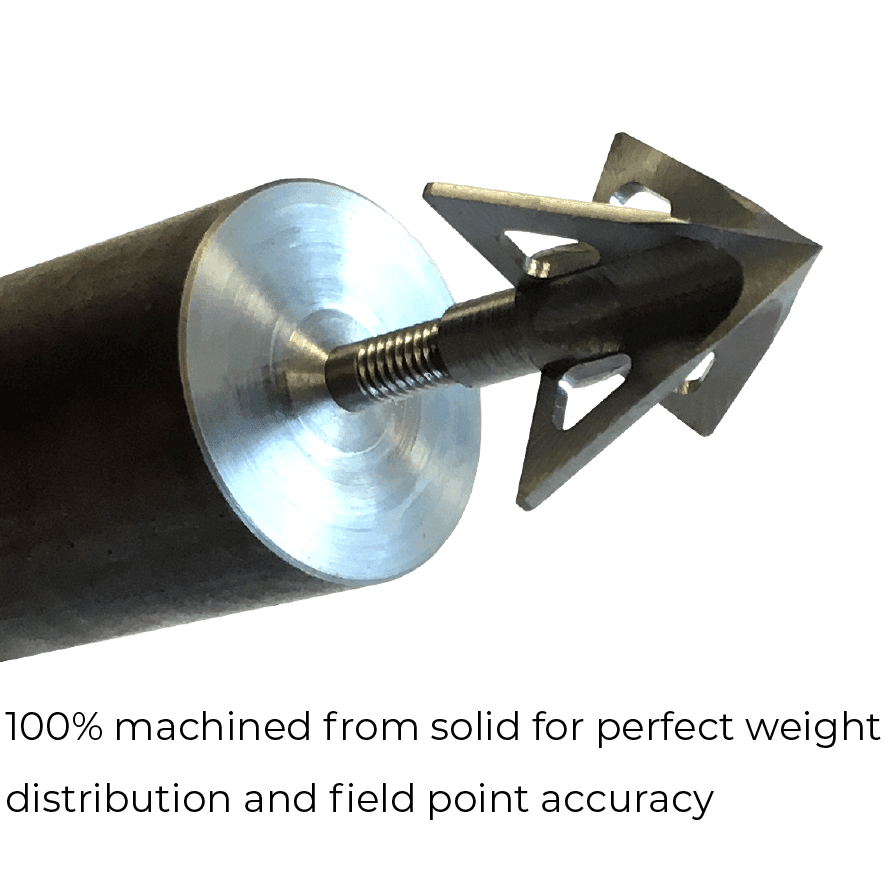 Tooth of the Arrow V-Series 4-blade broadhead attached to arrow shaft, close-up view.