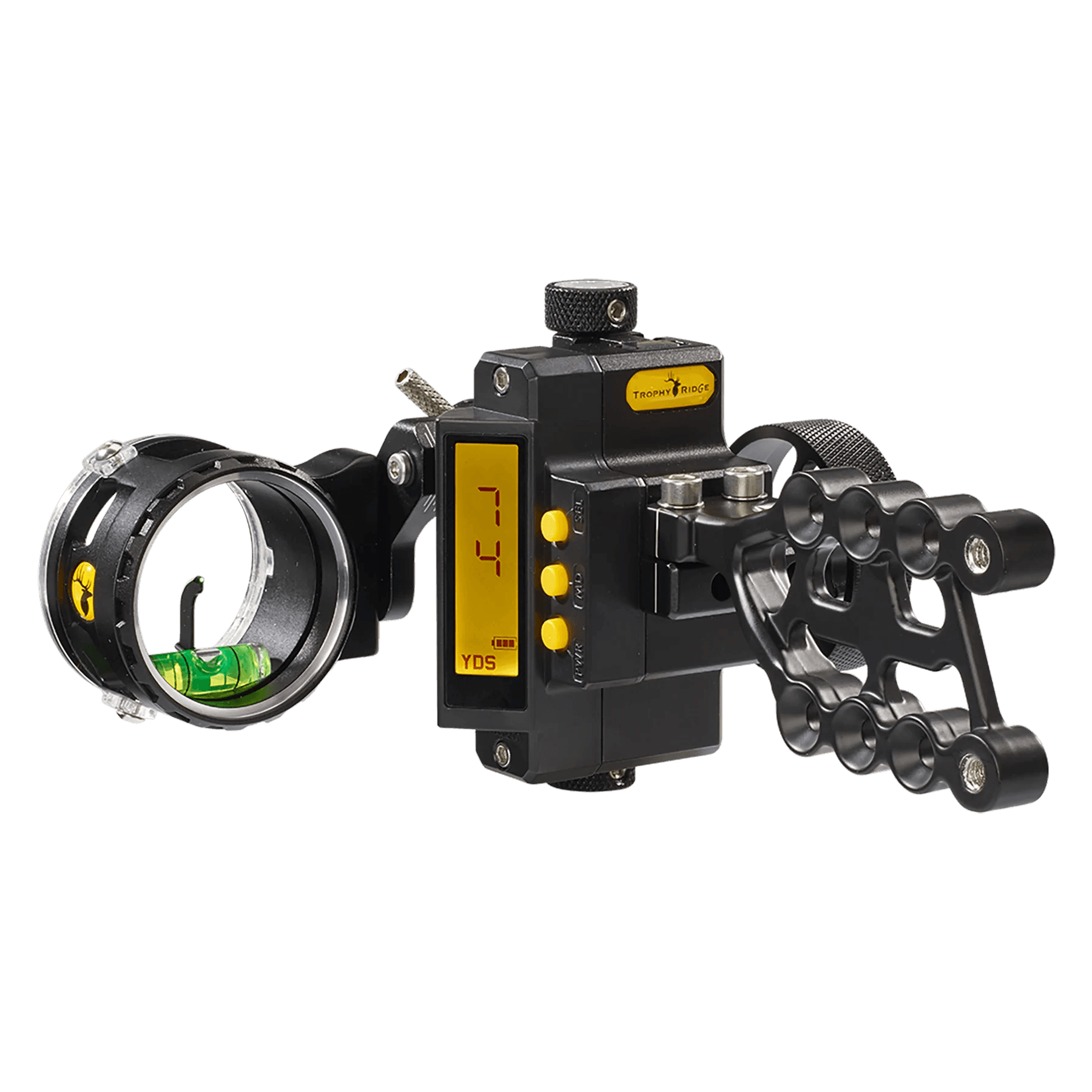 Trophy Ridge Digital React One Pin archery sight with yellow buttons and digital display