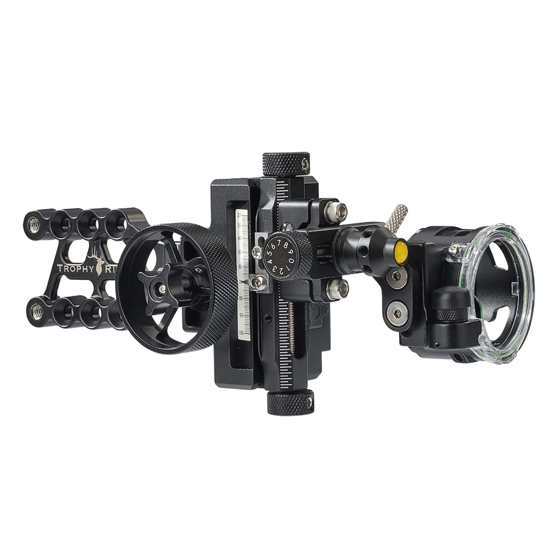 Trophy Ridge digital React one-pin archery sight with adjustment dial and clear scope
