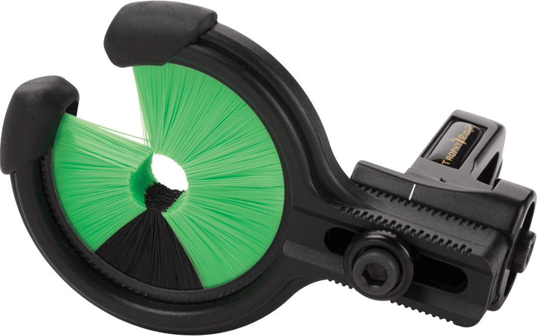 Trophy Ridge Whisker Biscuit Kill Shot arrow rest with green and black bristles, close-up