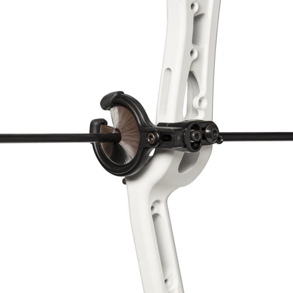 Trophy Ridge Whisker Biscuit arrow rest mounted on a white compound bow
