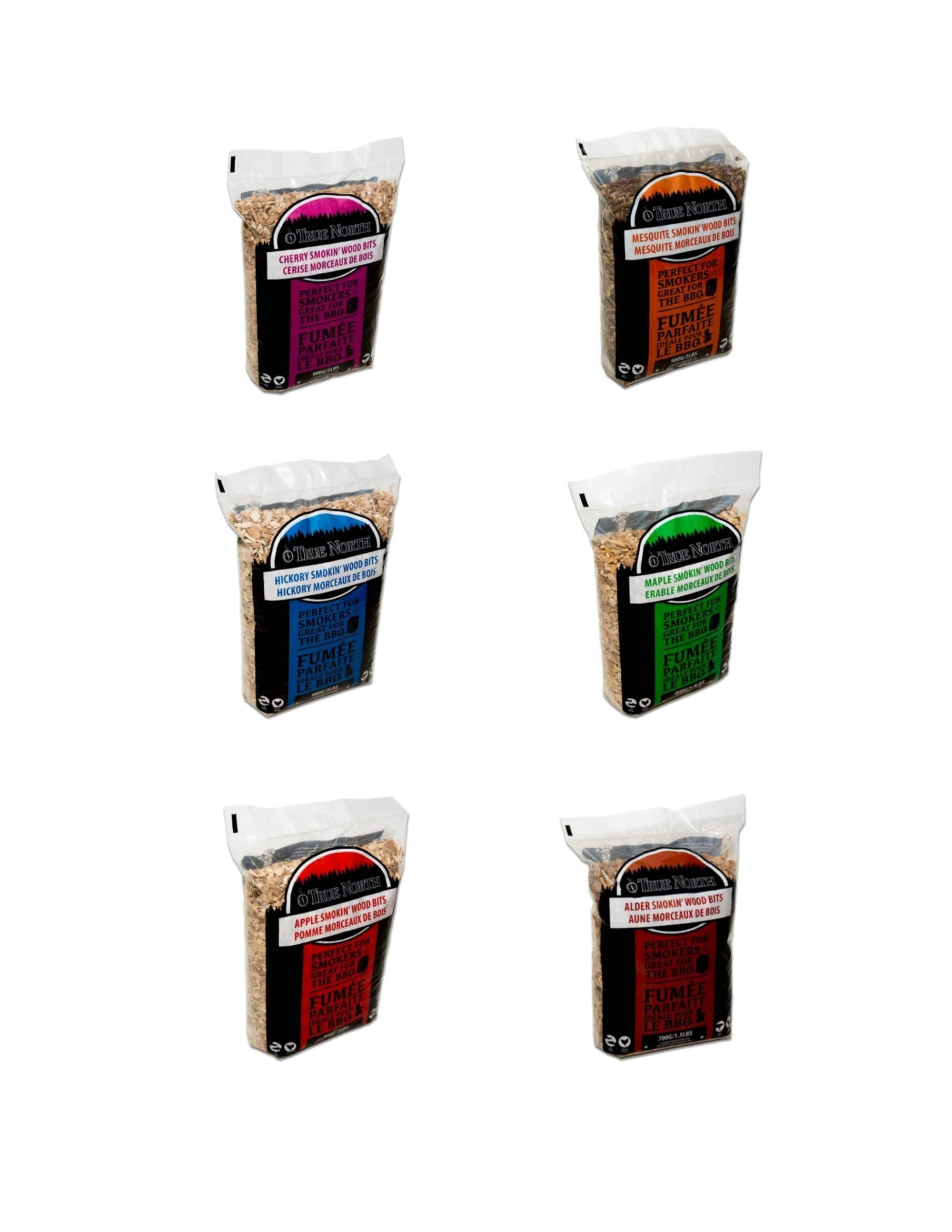 Six bags of True North Smokin' Wood Bits in assorted flavors for BBQ smoking.