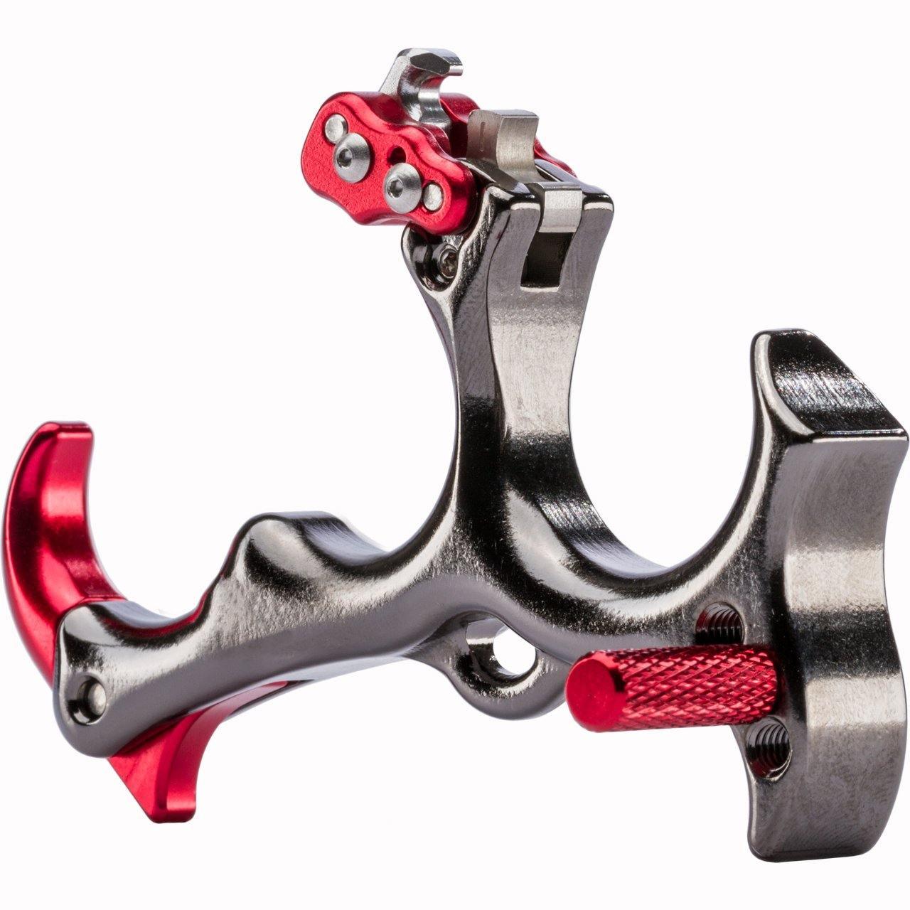TruFire Archery Sear back tension release in metallic silver and red on white background