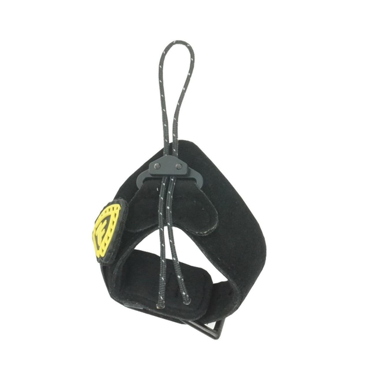 Black Trufire archery wrist assist strap with yellow accent and adjustable cord