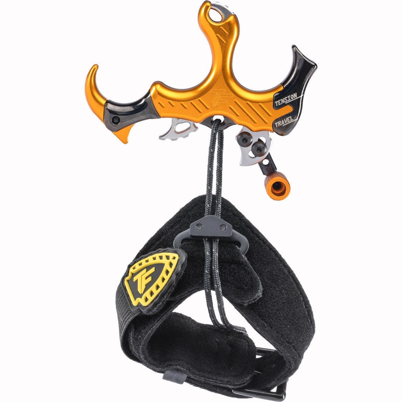 TruFire archery wrist assist strap with handheld orange release, black padded band
