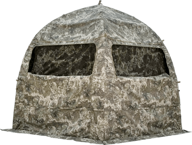 Compact inflatable ground blind in camo pattern, outdoor hunting shelter tent