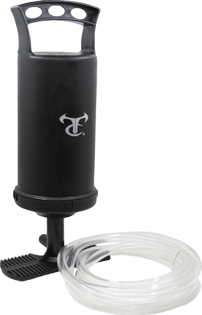 Compact black hand air pump with clear hose for inflatable ground blinds