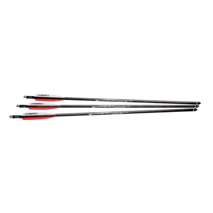 Umarex AirSaber carbon fiber arrows with red and white vanes on white background