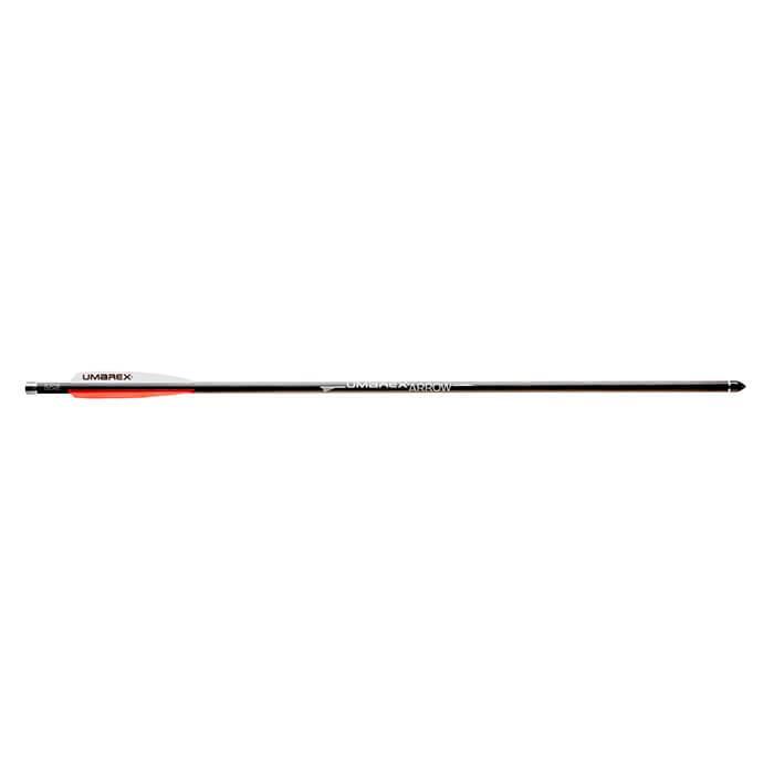 Umarex AirSaber carbon fiber air archery arrow with red and white fletching on white background