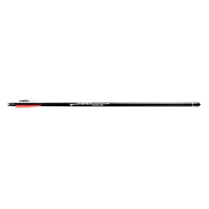Umarex AirSaber carbon fiber arrow with red and white fletching on white background