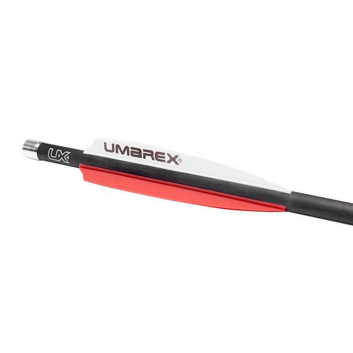 Umarex AirSaber carbon fiber arrow with white and red fletching on white background