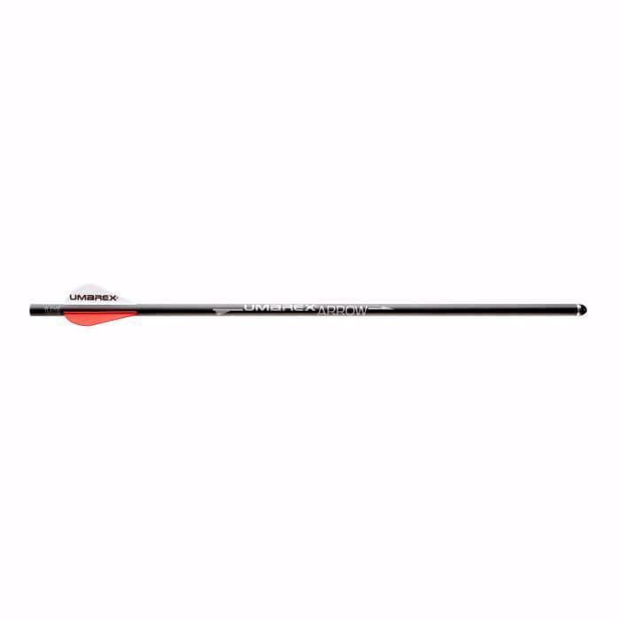Umarex AirJavelin arrow with red fletchings on a white background
