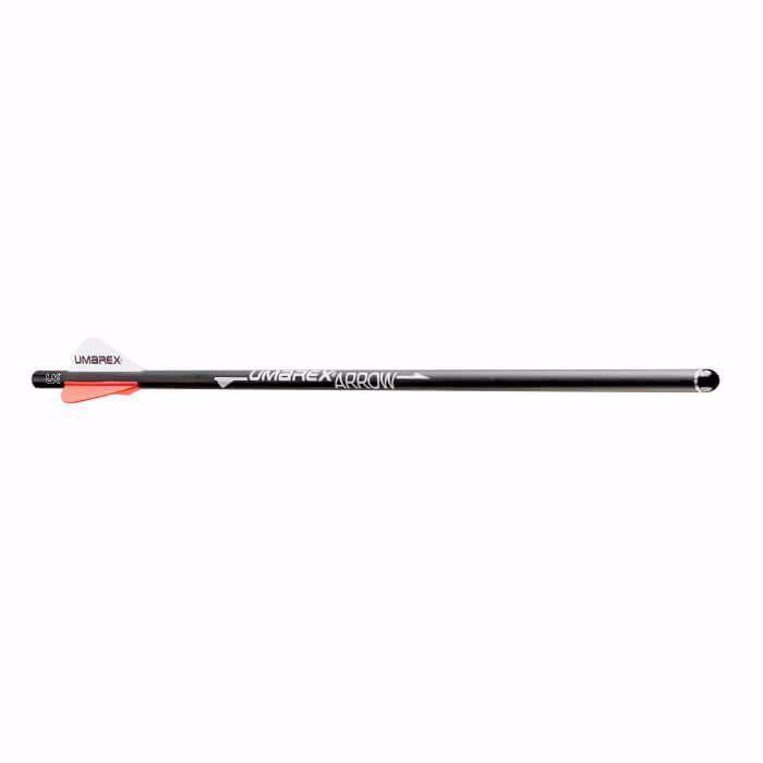 Umarex AirJavelin arrow with field tip, black shaft, orange fletching on white background