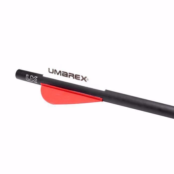 Umarex AirJavelin arrow with red vane and black shaft on white background