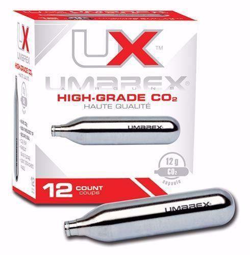 Umarex high-grade CO2 12g cartridges 12-pack box with two silver CO2 capsules