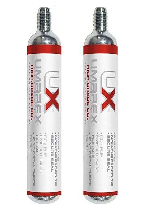 Umarex high-grade CO2 88g capsules two-pack upright, silver and white with red branding
