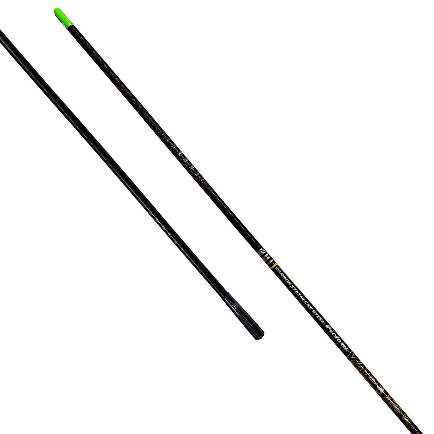 Victory Archery VAP SS micro diameter black arrow shafts with green nock on white background