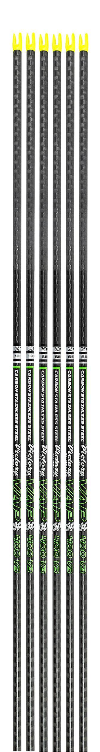 Six Victory Archery VAP SS micro-diameter carbon arrows with yellow nocks