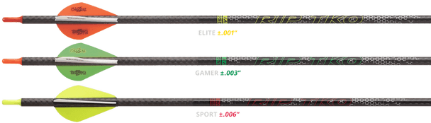 Victory Archery RIP TKO carbon arrows with orange, green, and yellow vanes, 6 pack