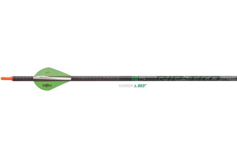 Victory Archery RIP TKO carbon arrow with green vanes and orange nock on white background