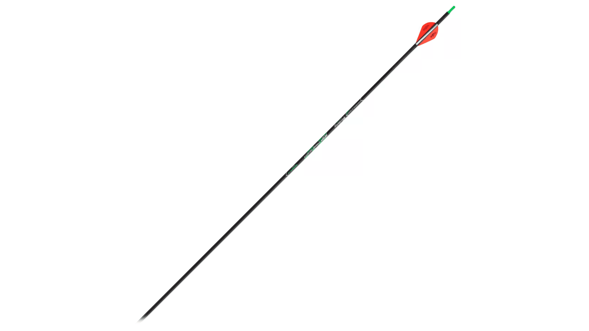 Victory Archery RIP XV fletched arrow with red vanes and green nock on white background