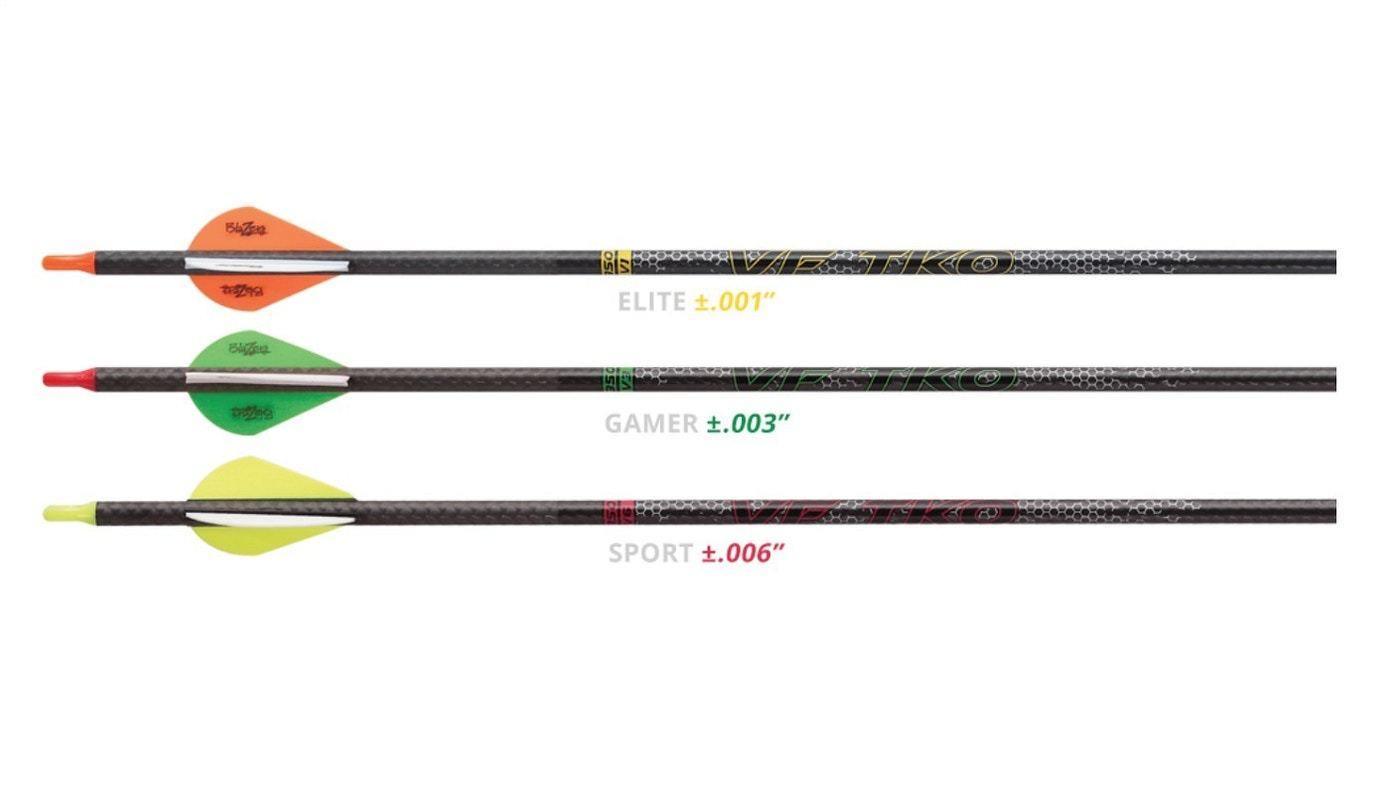 Three Victory Archery VF TKO hunting arrows with colored vanes for Elite, Gamer, and Sport
