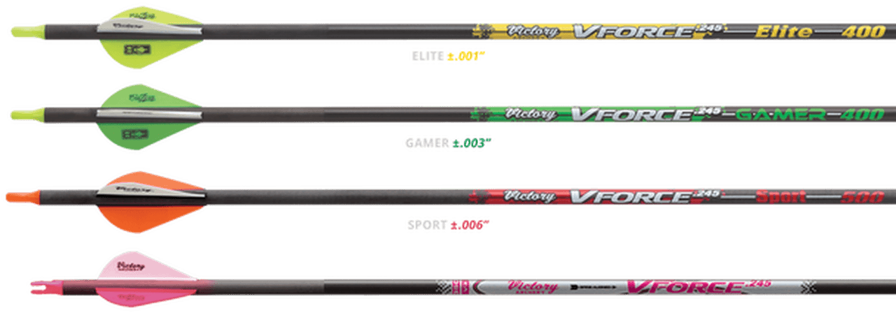 Four Victory VForce 245 arrows in different colors for archery, fletched, product lineup