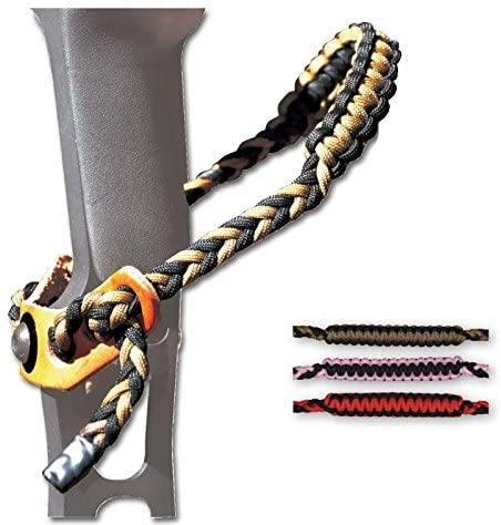 Braided archery wrist bow sling attached to a bow, with three color options displayed